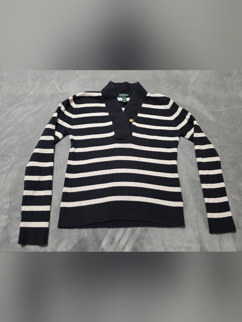 Lauren Ralph Lauren Striped Ribbed Shawl Collar Sweater Gold Button Medium